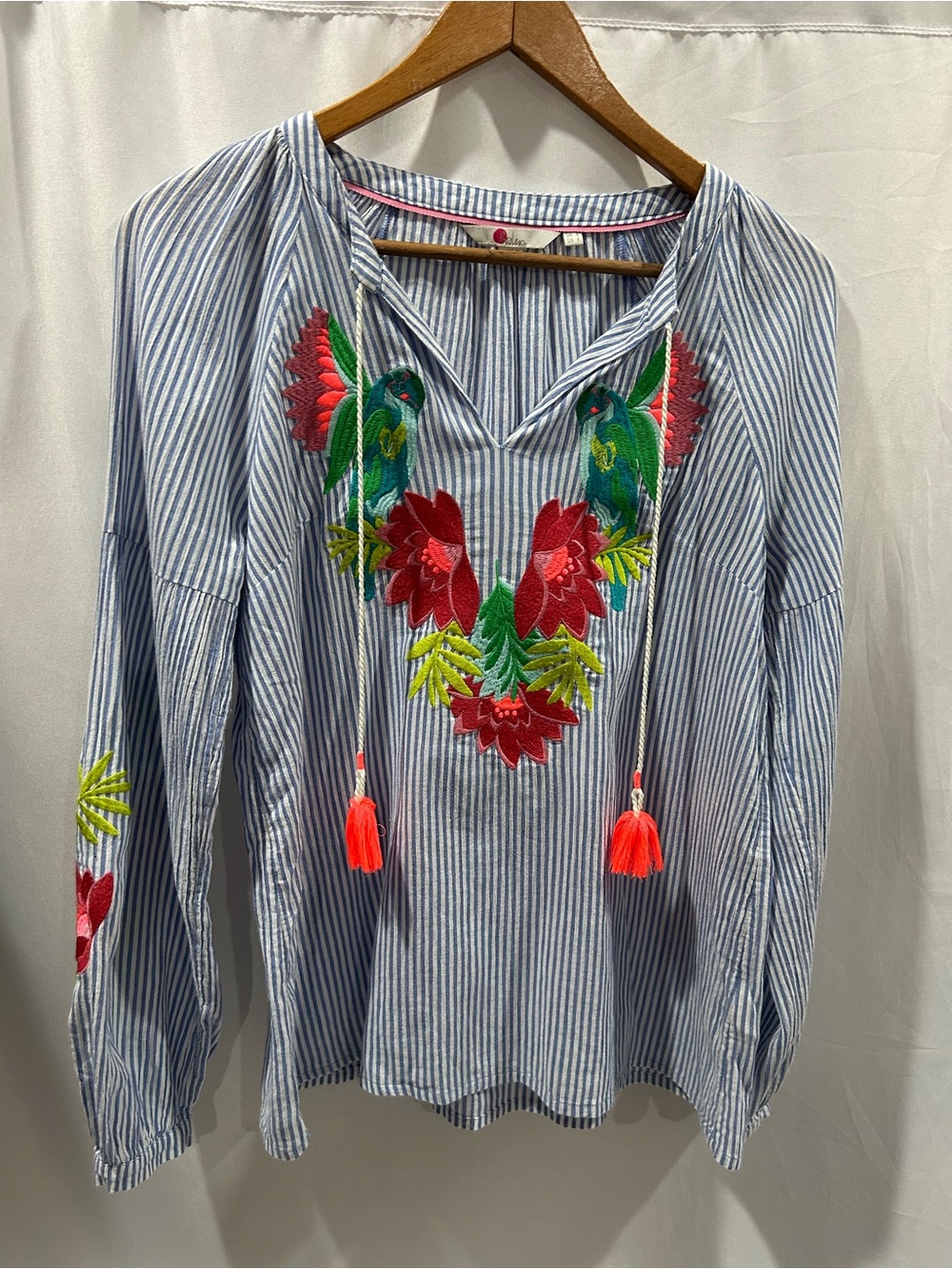 LN Boden Marla Blue and White Striped Tunic with Multicolor Parrot Embroidery